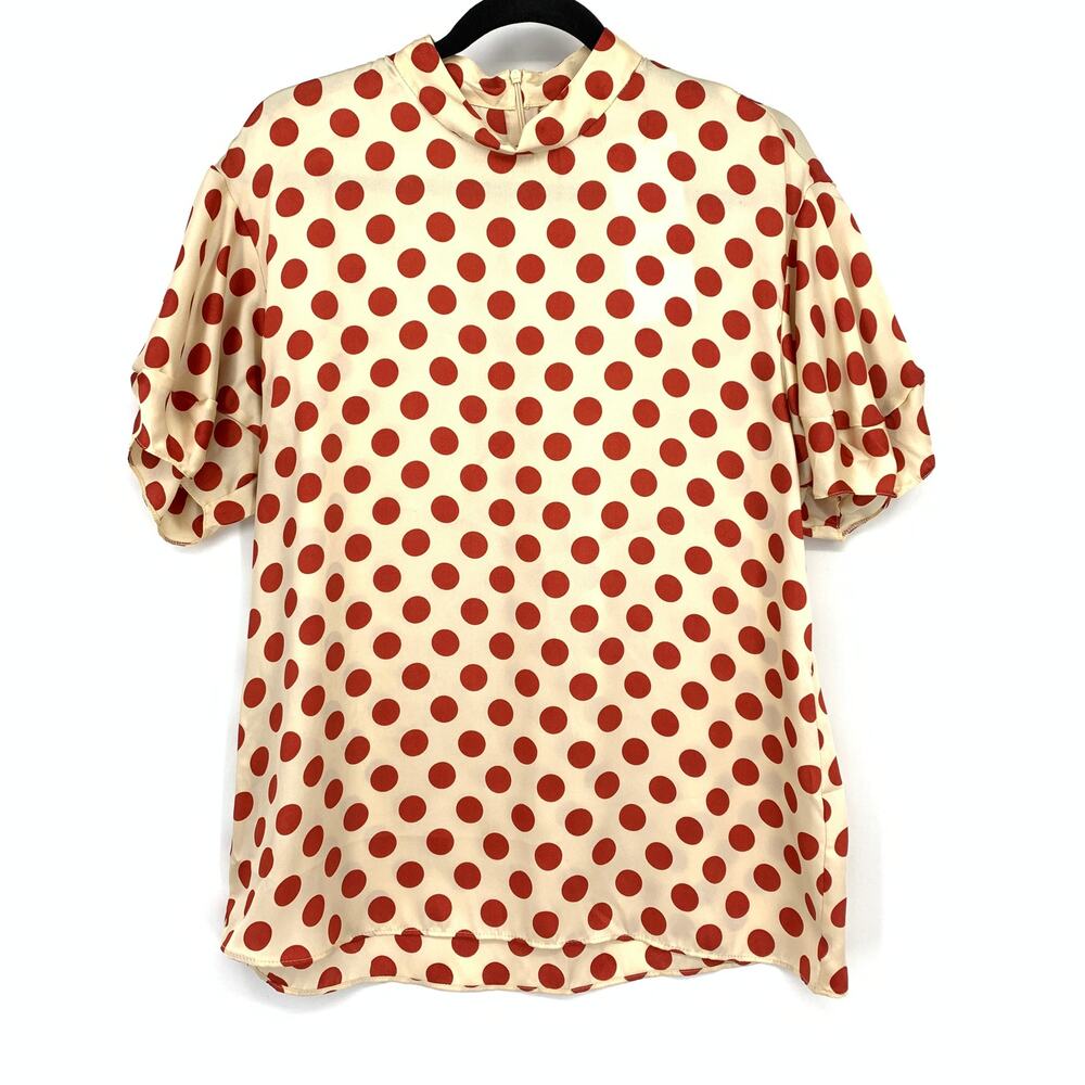 Zara Trf High Neck Puff Sleeve Blouse Womens Size Medium Cream Orange Polka Dot